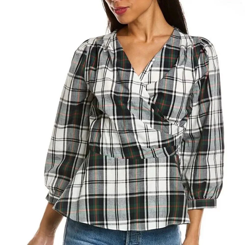 Duffield Lane Medium Ruby Faux Wrap Plaid Top